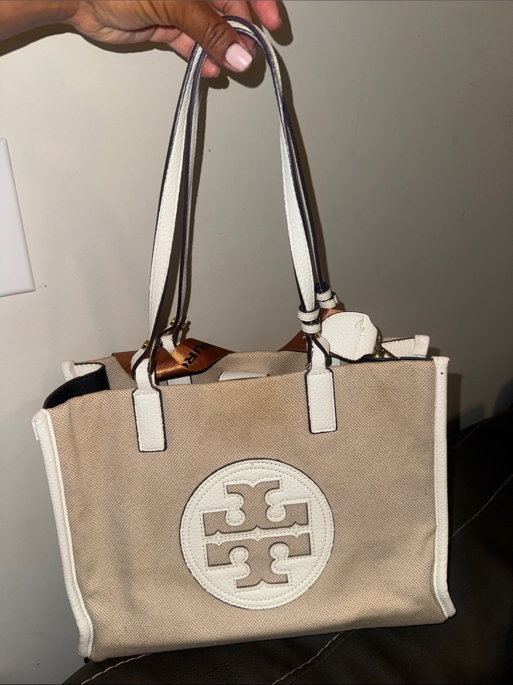 Tory Burch White Canvas Tote with Tan Logo Strap